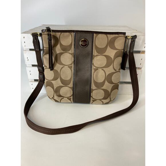 COACH F21905 MEDIUM TAN, BROWN SIGNAUTE CANVAS CROSSBODY BAG - Picture 1 of 16